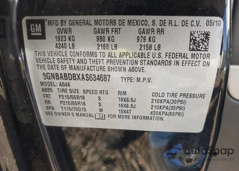 2010 Chevrolet Hhr Lt z USA, uszkodzony, nr VIN 3GNBABDBXAS634687